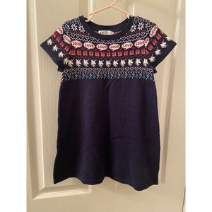 H&M Unicorn Present Christmas Holiday Sweater Dress Navy Blue Girls Size 4-6 NWT